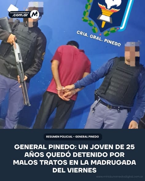Puede ser una imagen de texto que dice "m M mirtalunamedlodigital gital dlod igital .com.ar com. CRIA. GRAL. PINEDO PINEDO RESUMEN POLICIAL GENERAL PINEDO GENERAL PINEDO: UN JOVEN DE 25 AÑOS QUEDO DETENIDO POR MALOS TRATOS EN LA MADRUGADA DEL VIERNES"